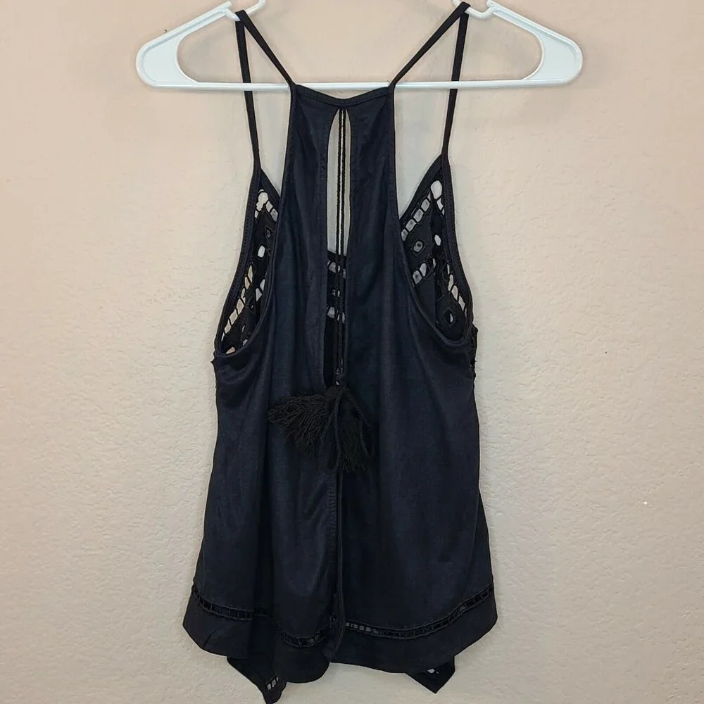 NU New York Womens Shirt Top Small Blue Eyelet Halter Open Back Tasseled Casual - Picture 2 of 12